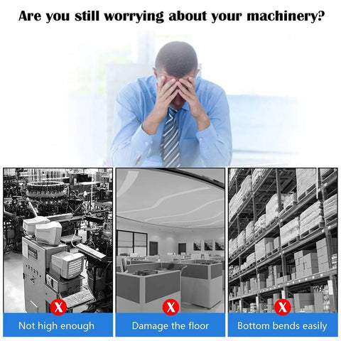 Image showing a stressed man worried about machinery, with visuals highlighting issues like low height and floor damage.