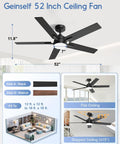 52 Inch Smart Ceiling Fan With Lights Black, Alexa And Google Home Ready, Remote Or App Control, Downrod Mount, mounted on a flat ceiling