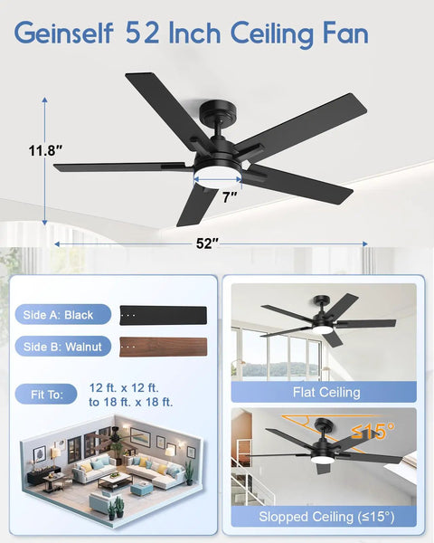 52 Inch Smart Ceiling Fan With Lights Black, Alexa And Google Home Ready, Remote Or App Control, Downrod Mount, mounted on a flat ceiling