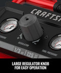 Control panel of the Two Gallon Portable Air Compressor With One Third HP Max, 125 PSI Oil Free, with large regulator knob.
