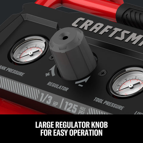 Control panel of the Two Gallon Portable Air Compressor With One Third HP Max, 125 PSI Oil Free, with large regulator knob.