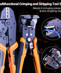 Ultimate Preciva Crimping Tool Kit Featuring Quick-Change 6-Jaw System, Heavy Duty Wire Stripper, Plus 285 Premium Terminals For Heat Shrink Insulated And Solar Connectors In Auto Or Home Jobs shown open