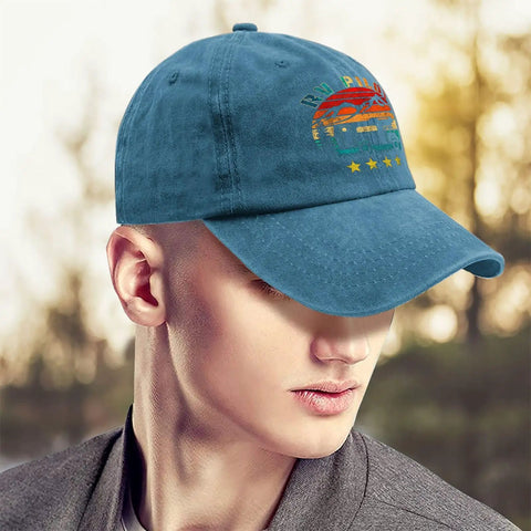 Model wearing Women's RV Pilot Hat For Road Trips And Camper Vacations with adjustable back, cyan blue shade, side view
