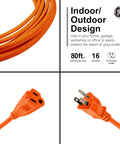 Outdoor Extension Cord 80 Ft Heavy Duty 16 Gauge 3 Prong Grounded ETL Listed showing orange color and plug details