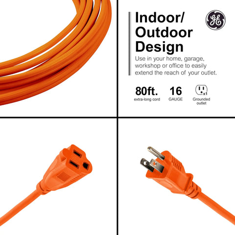 Outdoor Extension Cord 80 Ft Heavy Duty 16 Gauge 3 Prong Grounded ETL Listed showing orange color and plug details