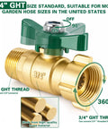 Full Flow Garden Hose Shut Off Valve Heavy Duty 3/4 Inch Brass Ball Valve With 360 Degree Swivel Joint shown with 3/4 inch GHT thread.