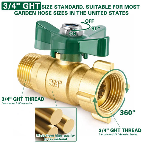Full Flow Garden Hose Shut Off Valve Heavy Duty 3/4 Inch Brass Ball Valve With 360 Degree Swivel Joint shown with 3/4 inch GHT thread.