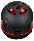 Black and red Ultra Portable Tiny But Mighty Mini Bluetooth Speaker with 3.5mm Aux Input and built-in mic, compact design.