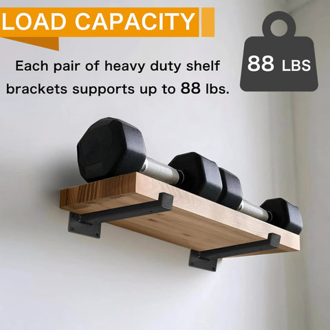Floating Shelf Brackets Six Pack Heavy Duty Wooden Shelf Supports With Lip 10 Inch Black Wall Mounts holding weights