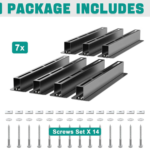 Package includes 7 brackets and screws for Heavy Duty Ceiling Storage Rack For Garage, Adjustable Overhead Bin System, 16 Inch Span, Rust Resistant Coating.