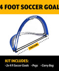 4 Foot Pop Up Soccer Goal Set Portable Training Football Net Kit with knitted poly mesh, easy fold, includes two goals and carrying bag.