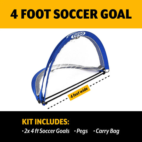 4 Foot Pop Up Soccer Goal Set Portable Training Football Net Kit with knitted poly mesh, easy fold, includes two goals and carrying bag.