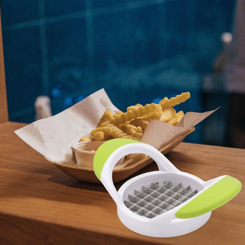 Front view of white and lime green potato cutter with stainless steel grid blades for square-cut fries.