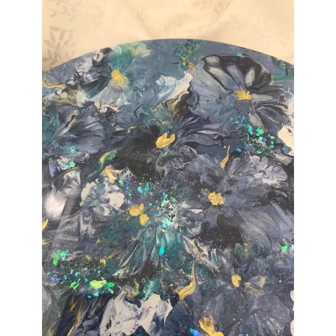 Close-up of 16 Inch Floral Resin Lazy Susan on Wood Serving Tray Base Blue Gold White Art Organizer