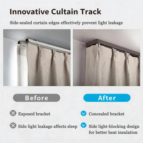 Wall Mount Curtain Rod Set With Wraparound Track And Double Aluminum Rails, silent side-light blocking curtain track before and after