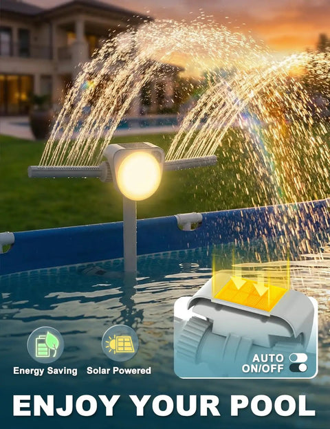 Solar Pool Fountain With 7 Color LED Lights 2026 Upgrade Dual-Head Adjustable Spray Fountain in above-ground pool