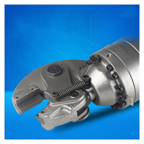 Close-up of Heavy Hitting Rechargeable Electric Hydraulic Steel Bar Cutter With Badass Copper Core Motor, showcasing cutting head.