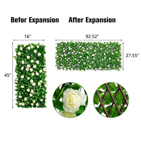 Expandable Faux Ivy Fence Screen for Balcony and Patio 16x45 Inch Closed Expands to 92 Inch Wide Willow Frame with Realistic Ivy and Flowers