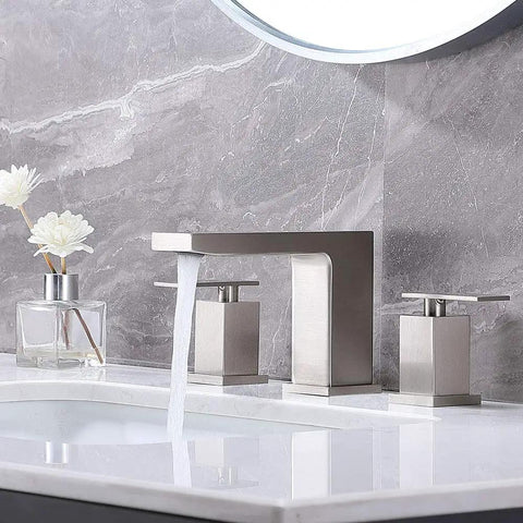Brushed Nickel Widespread Bathroom Faucet 3 Hole 2 Handle Vanity Sink Faucet Stainless Steel With Drip Free Ceramic Disc Valves