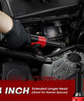 Hand using Extended 18V Cordless Ratchet Wrench With 4 Inch Neck 550 RPM 40 Ft Lbs Torque in car engine tight spot