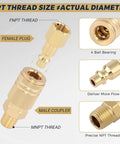 30 Pcs Brass Air Hose Fittings 1/4 In Npt Quick Disconnect Plugs With Hardened Copper Cladding showing male coupler and female plug with NPT threads.