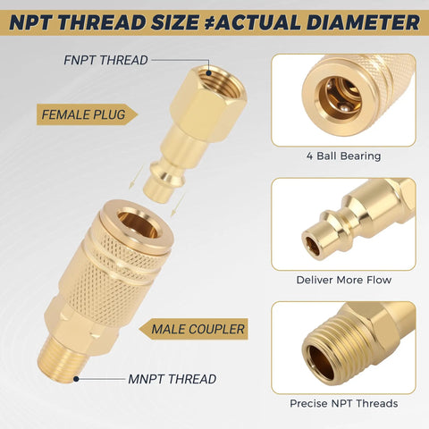 30 Pcs Brass Air Hose Fittings 1/4 In Npt Quick Disconnect Plugs With Hardened Copper Cladding showing male coupler and female plug with NPT threads.