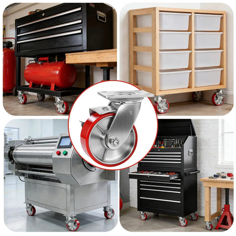 Kick Some Serious Weight Around The Shop With This Set Of Four Heavy Duty Swivel Plate Caster Wheels equipped under tool boxes and carts.