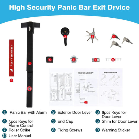 Badass Emergency Exit Panic Bar With Blasting 100 Decibel Siren And Heavy Exterior Door Lever Rock Solid Commercial Access Control Setup Matte Black Finish Comes With Master Keys For Quick On Off Toggling