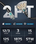 Heavy Duty 24 Inch 12 Gauge Indoor Tri Tap Extension Cord With LED Lighted Plug UL Listed 15A 125V 1875W Details