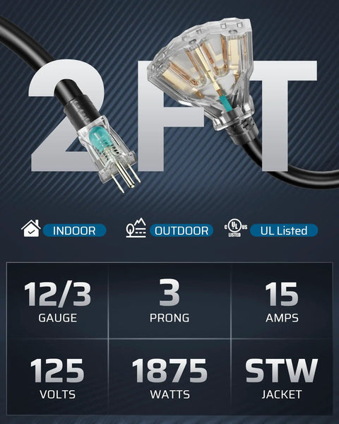 Heavy Duty 24 Inch 12 Gauge Indoor Tri Tap Extension Cord With LED Lighted Plug UL Listed 15A 125V 1875W Details