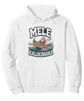 Santa Outrigger Canoe Hawaii Surf Retro Hoodie Pullover Black 8.5 Oz Classic Fit Fleece Sweatshirt For Beach Lovers Men Women Holiday Gear Cozy Winter Wear white fleece showing Santa paddling an outrigger with 'Mele Kalikimaka' text.