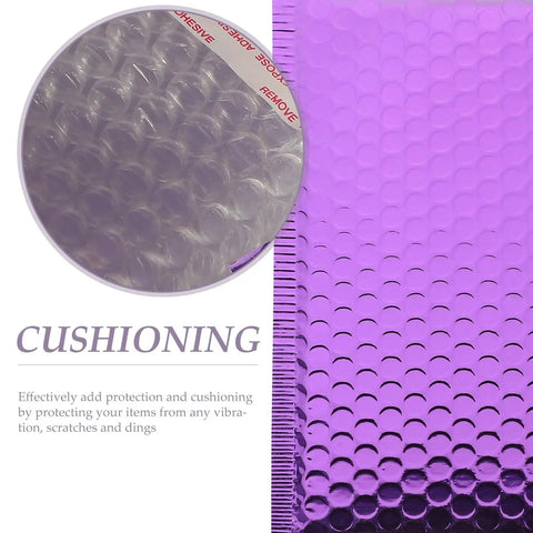 Close-up of Purple Self Seal Bubble Mailers 18x23cm, showcasing thick foil padding and cushioning bubbles for protection.