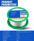 Lead Free Rosin Core Solder Wire 1mm Sn99 Ag0.3 Cu0.7 30g spool shown with detailed product parameters