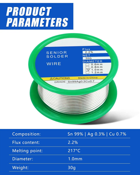 Lead Free Rosin Core Solder Wire 1mm Sn99 Ag0.3 Cu0.7 30g spool shown with detailed product parameters