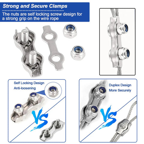 All In One One Sixteenth Inch Vinyl Coated Stainless Wire Rope Kit, featuring secure clamps, nuts, and screws for durable support.