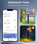Image showing WiFi Low Voltage Landscape Transformer With Dual Channels 300W Smart Life App Controlled Lighting 2.4GHz Works With Alexa And Google Assistant 120V To 12V And 15V AC ETL Listed No Hub Needed, featuring a smartphone app controlling outdoor lights with sunrise and sunset options.