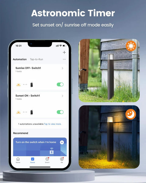 Image showing WiFi Low Voltage Landscape Transformer With Dual Channels 300W Smart Life App Controlled Lighting 2.4GHz Works With Alexa And Google Assistant 120V To 12V And 15V AC ETL Listed No Hub Needed, featuring a smartphone app controlling outdoor lights with sunrise and sunset options.