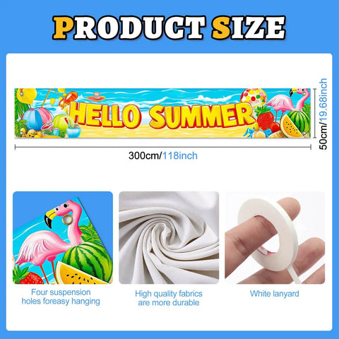 Hello Summer Banner 118 By 20 Inches Outdoor Beach Theme Party Decor With Flamingo And Tropical Fruit Design for backyard