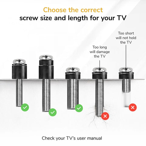 Top Shelf Universal TV Mount Hardware Kit Loaded With Premium Vesa Screws showing correct screw sizes for 19 to 85 inch flat screens.