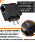 Plug And Play AC DC Car Cigarette Lighter Adapter Converter close-up, showcasing compact design and power specifications.