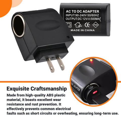 Plug And Play AC DC Car Cigarette Lighter Adapter Converter close-up, showcasing compact design and power specifications.