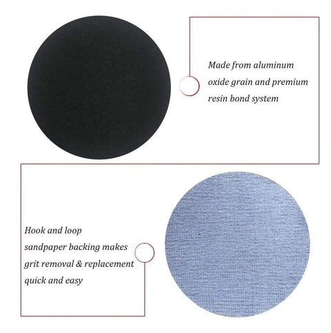 Top Grade 6 Inch Wet And Dry Sanding Discs With Hook Loop Backing For Orbital Sander showing black and blue discs for smooth polishing.