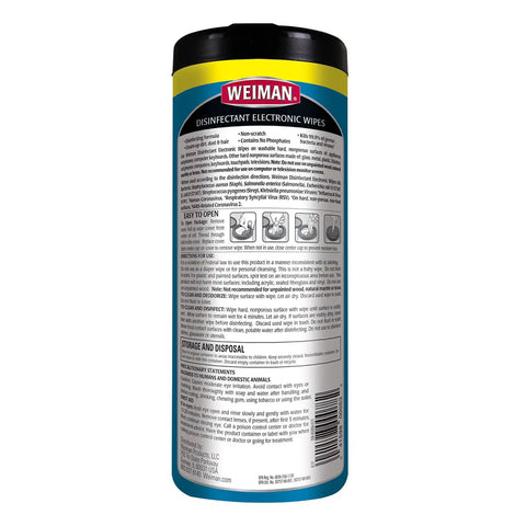 Back of package of Disinfecting Electronic Cleaning Wipes 30 Count For Devices And Gadgets, Kills Ninety Nine Point Nine Percent Of Germs