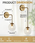 Product dimension of Mid Century Modern Globe Wall Sconce In Brushed Brass Gold With Clear Glass Bubble Ball Bathroom Vanity Bedside Light Fixture Vintage Style Wall Lighting For Living Room, showing measurements and design.