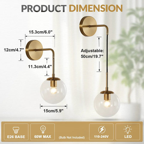 Product dimension of Mid Century Modern Globe Wall Sconce In Brushed Brass Gold With Clear Glass Bubble Ball Bathroom Vanity Bedside Light Fixture Vintage Style Wall Lighting For Living Room, showing measurements and design.