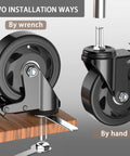 Two installation methods for Top Shelf Heavy Duty Swivel Caster Wheel Set Of Four With Three Inch Polyethylene Tires.