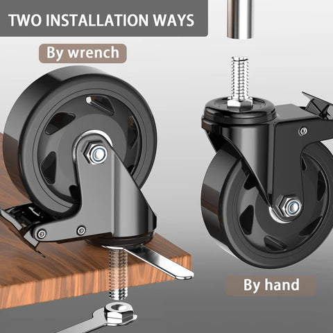 Two installation methods for Top Shelf Heavy Duty Swivel Caster Wheel Set Of Four With Three Inch Polyethylene Tires.