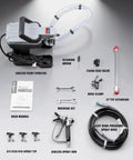 Powerhouse 750W Airless Paint Sprayer Kit setup includes sprayer, hoses, brush, and tools for efficient paint application.