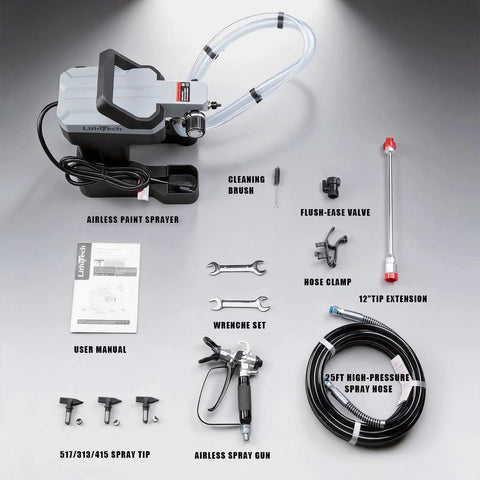 Powerhouse 750W Airless Paint Sprayer Kit setup includes sprayer, hoses, brush, and tools for efficient paint application.