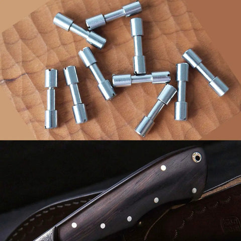 Beefy Stainless Steel Bracket Bolt Fasteners For Knife DIY Handle And EDC Gear, 10 Pack Tactical Lock Rivets shown with knife handle.